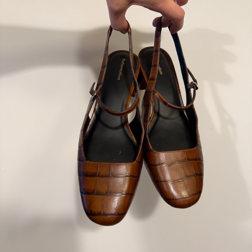 Reformation Brown Croc-Embossed Slingback Mary Jane